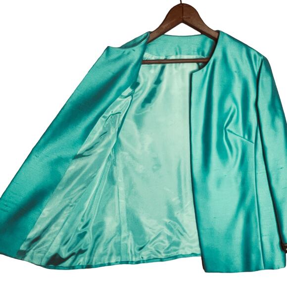Vintage 60s Size Medium Mod Aqua Shantung Dress Jacket Suit Set Silver Beading - Picture 13 of 16